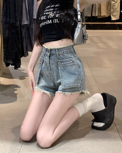 Waist Pants Trim High Hot Denim Washed Fringed