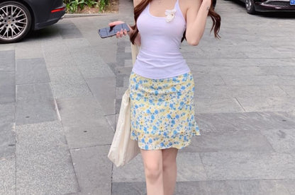 Skirt Flower Neck Scoop Floral Detail / Top Halter High Rise Pencil Plain Mini