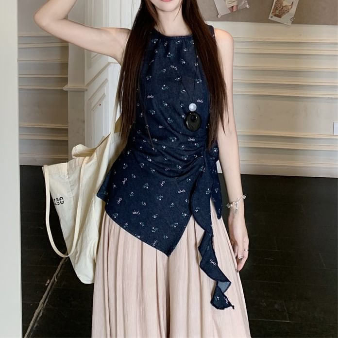 Leg Asymmetrical Pants High Wide Rise Tank Top Floral Plain /