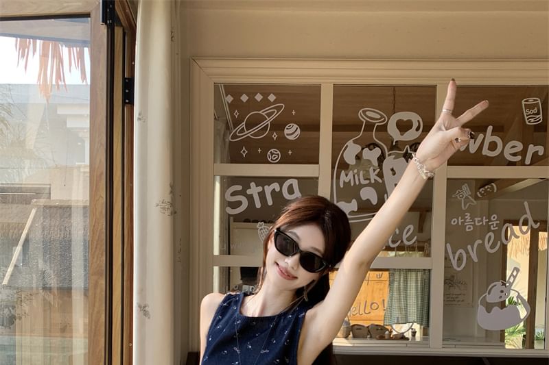 Leg Asymmetrical Pants High Wide Rise Tank Top Floral Plain /