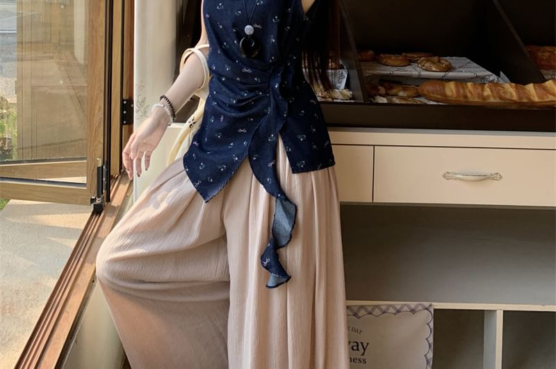 Leg Asymmetrical Pants High Wide Rise Tank Top Floral Plain /