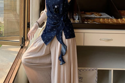 Leg Asymmetrical Pants High Wide Rise Tank Top Floral Plain /