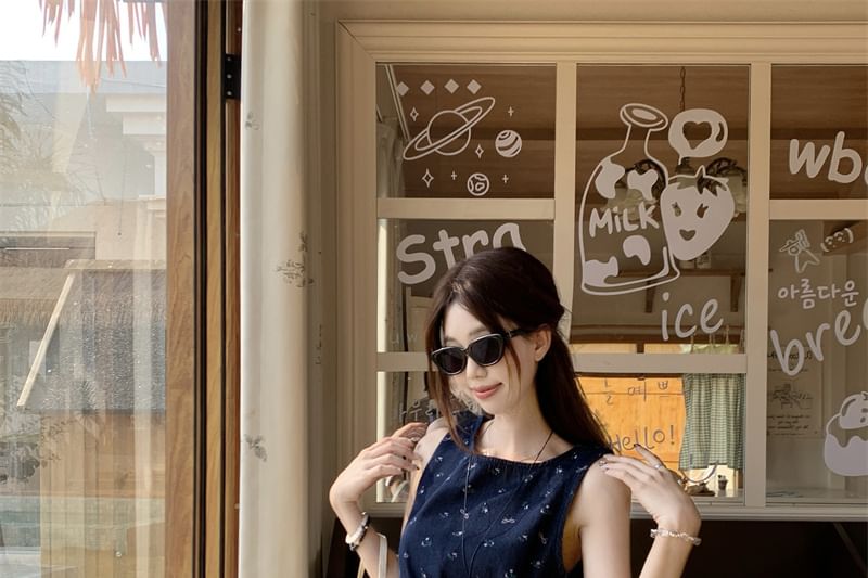 Leg Asymmetrical Pants High Wide Rise Tank Top Floral Plain /