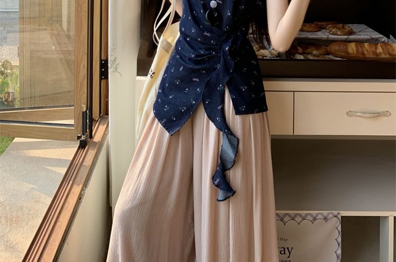 Leg Asymmetrical Pants High Wide Rise Tank Top Floral Plain /