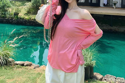 Asymmetrical T-Shirt One-Shoulder Long-Sleeve Plain