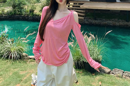 Asymmetrical T-Shirt One-Shoulder Long-Sleeve Plain