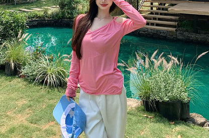 Asymmetrical T-Shirt One-Shoulder Long-Sleeve Plain