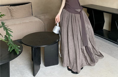 Maxi A-Line Plain / Scoop Skirt Waist High Neck Tie Halter Top