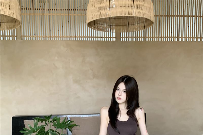 Maxi A-Line Plain / Scoop Skirt Waist High Neck Tie Halter Top