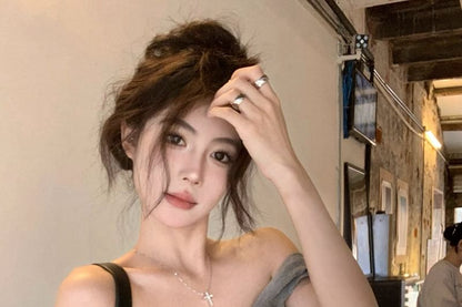 T-Shirt Plain Short-Sleeve Off-Shoulder Cropped