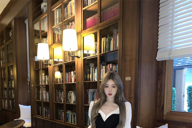 / Trim Cami Mini Plaid Striped Button-Up Skirt Blouse Waist Plain Pleated Puff-Sleeve Top High Lace A-Line