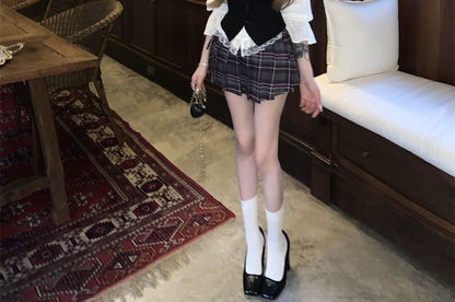 / Trim Cami Mini Plaid Striped Button-Up Skirt Blouse Waist Plain Pleated Puff-Sleeve Top High Lace A-Line