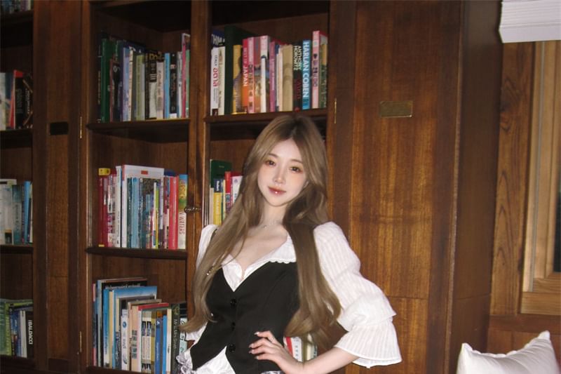 / Trim Cami Mini Plaid Striped Button-Up Skirt Blouse Waist Plain Pleated Puff-Sleeve Top High Lace A-Line