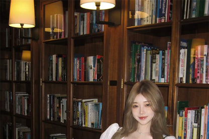 / Trim Cami Mini Plaid Striped Button-Up Skirt Blouse Waist Plain Pleated Puff-Sleeve Top High Lace A-Line