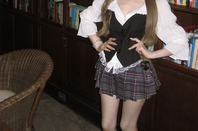 / Trim Cami Mini Plaid Striped Button-Up Skirt Blouse Waist Plain Pleated Puff-Sleeve Top High Lace A-Line