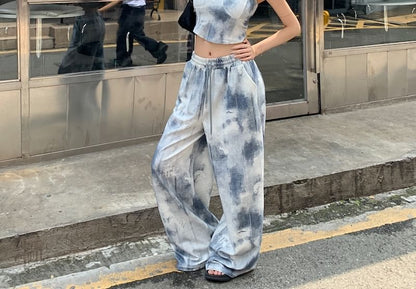 Top Dye Neck Drawstring / Waist Camisole Pants Scoop Wide Leg Tie Cropped