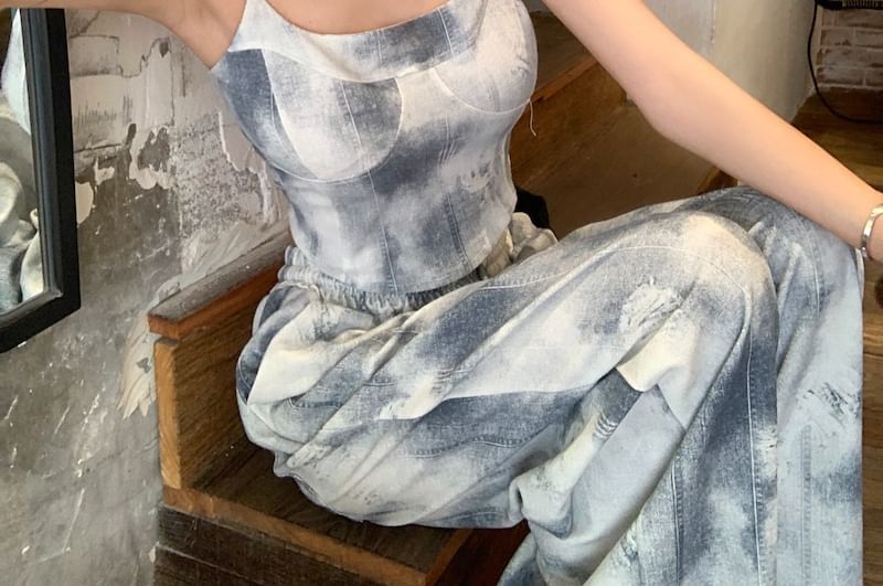 Top Dye Neck Drawstring / Waist Camisole Pants Scoop Wide Leg Tie Cropped