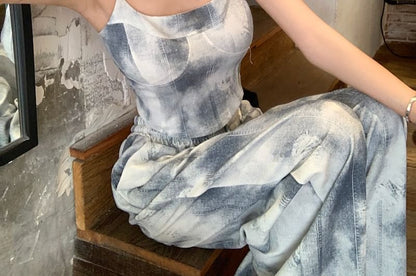 Top Dye Neck Drawstring / Waist Camisole Pants Scoop Wide Leg Tie Cropped