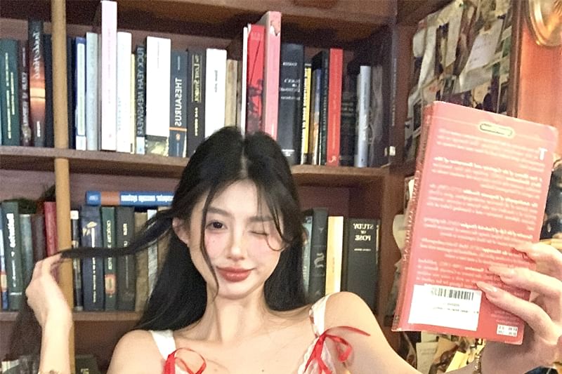 Plaid Bodycon Spaghetti Lace Bow Mini Dress Strap Trim