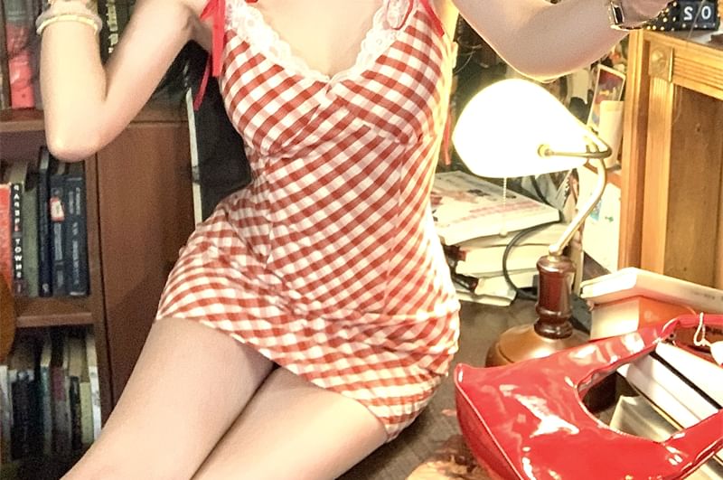 Plaid Bodycon Spaghetti Lace Bow Mini Dress Strap Trim