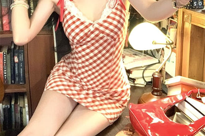 Plaid Bodycon Spaghetti Lace Bow Mini Dress Strap Trim