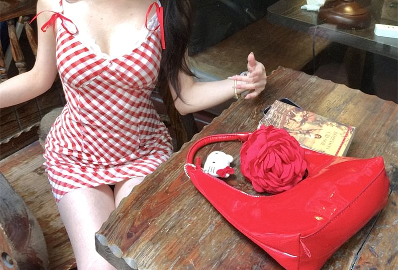 Plaid Bodycon Spaghetti Lace Bow Mini Dress Strap Trim