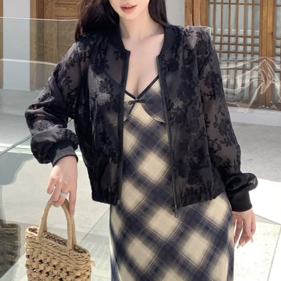 Jacket Flower Embroidered Zip Sheer