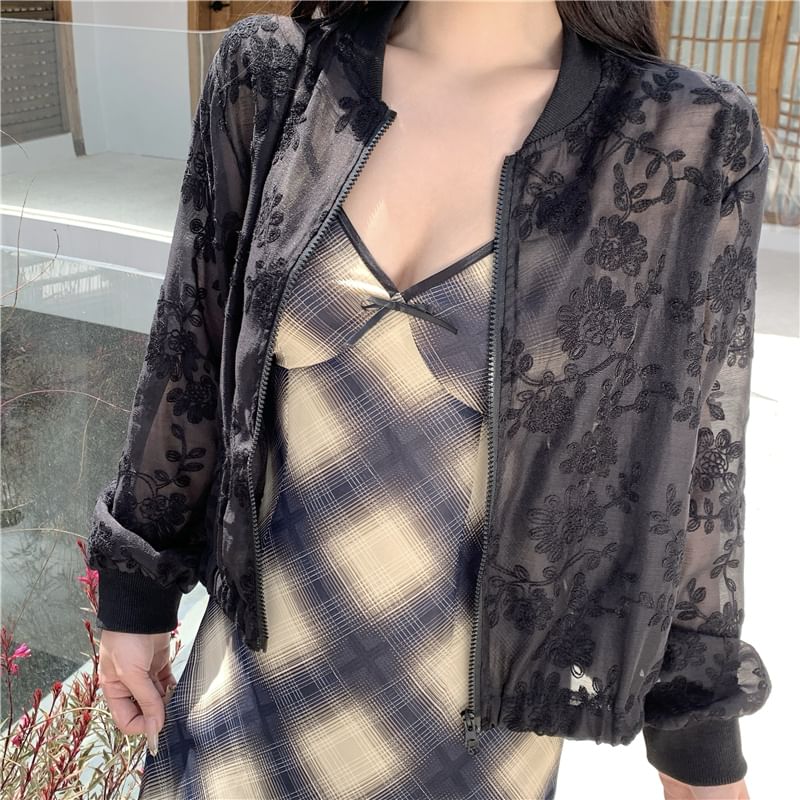 Jacket Flower Embroidered Zip Sheer