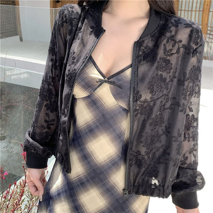 Jacket Flower Embroidered Zip Sheer