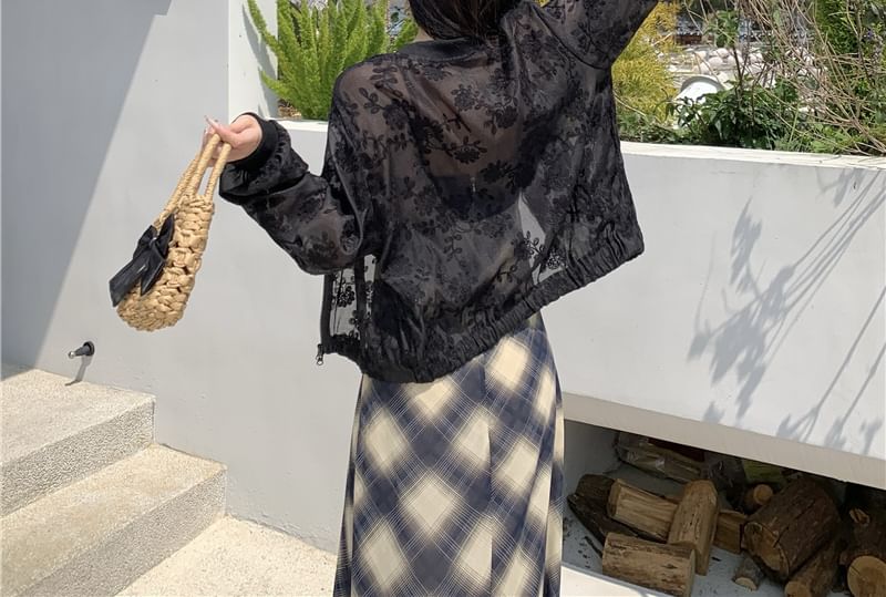 Jacket Flower Embroidered Zip Sheer