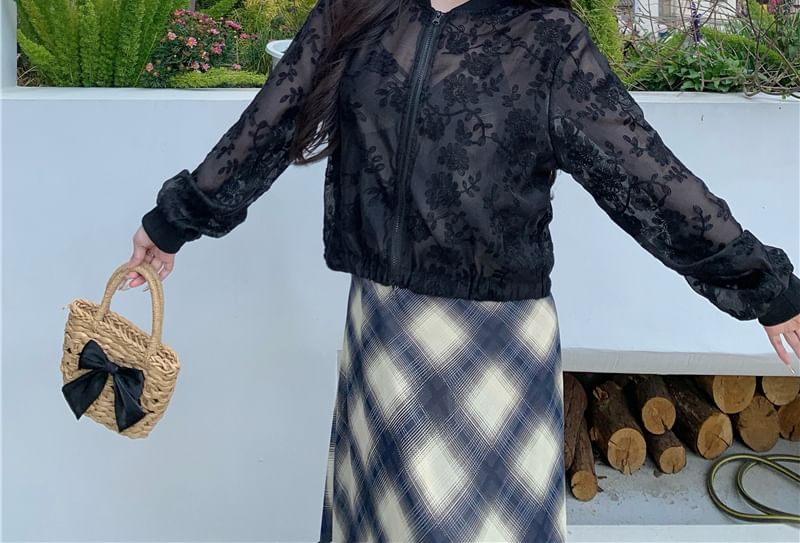 Jacket Flower Embroidered Zip Sheer