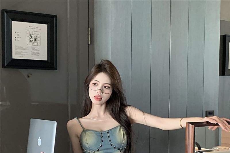 Mini Studded Skirt Plain A-Line Top Rise Asymmetrical Washed High Denim Cami /