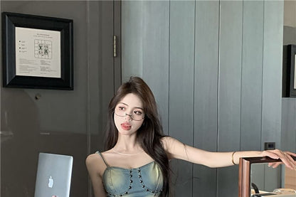 Mini Studded Skirt Plain A-Line Top Rise Asymmetrical Washed High Denim Cami /