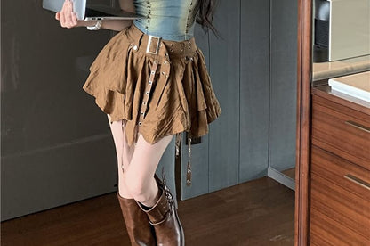 Mini Studded Skirt Plain A-Line Top Rise Asymmetrical Washed High Denim Cami /