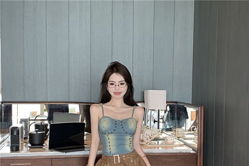 Mini Studded Skirt Plain A-Line Top Rise Asymmetrical Washed High Denim Cami /