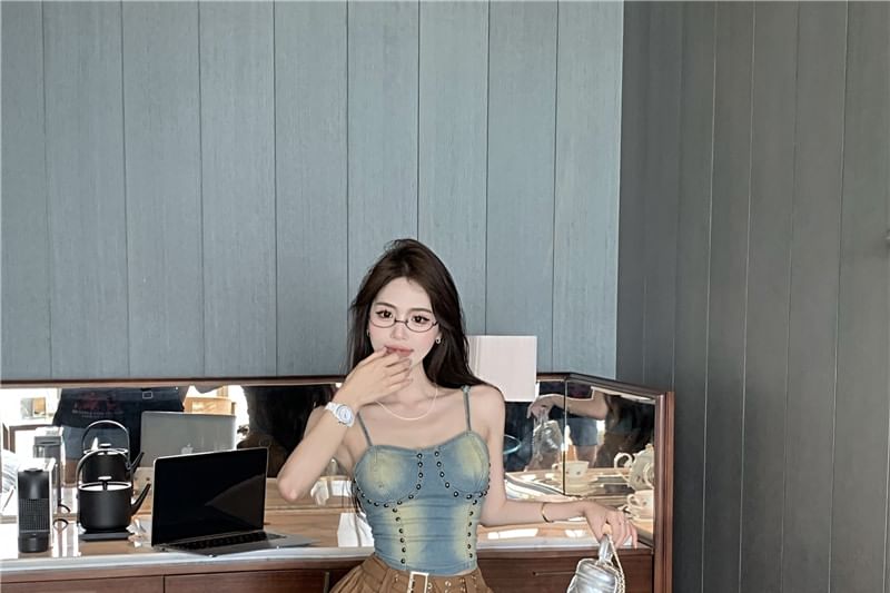 Mini Studded Skirt Plain A-Line Top Rise Asymmetrical Washed High Denim Cami /