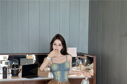 Mini Studded Skirt Plain A-Line Top Rise Asymmetrical Washed High Denim Cami /