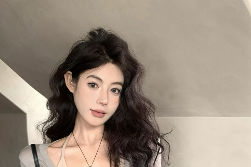 Neck / V-Neck Long-Sleeve Top Halter Tee Plain Scoop