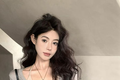 Neck / V-Neck Long-Sleeve Top Halter Tee Plain Scoop