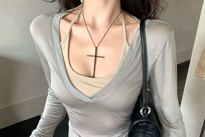 Neck / V-Neck Long-Sleeve Top Halter Tee Plain Scoop