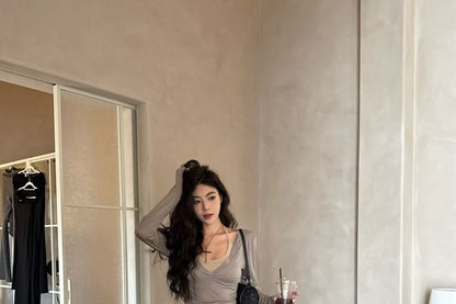 Neck / V-Neck Long-Sleeve Top Halter Tee Plain Scoop