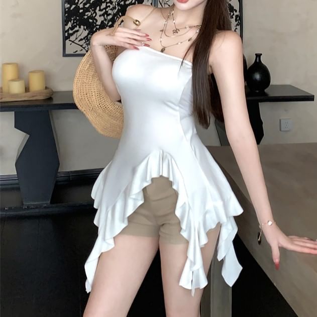 Asymmetrical Top Ruffle Plain Strapless