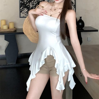 Asymmetrical Top Ruffle Plain Strapless