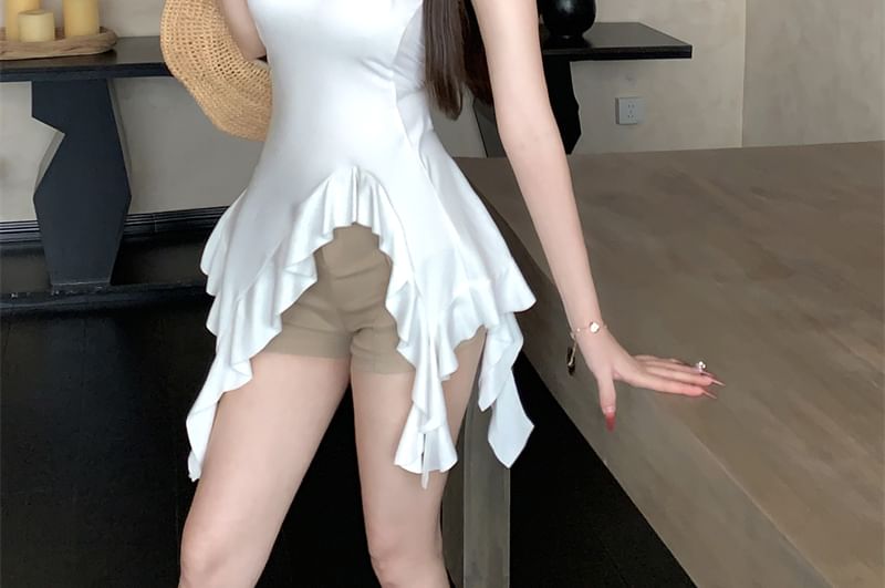 Asymmetrical Top Ruffle Plain Strapless