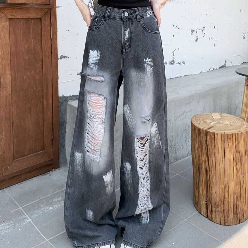 Washed High Waist Leg Wide Splash Print Jeans Distressed