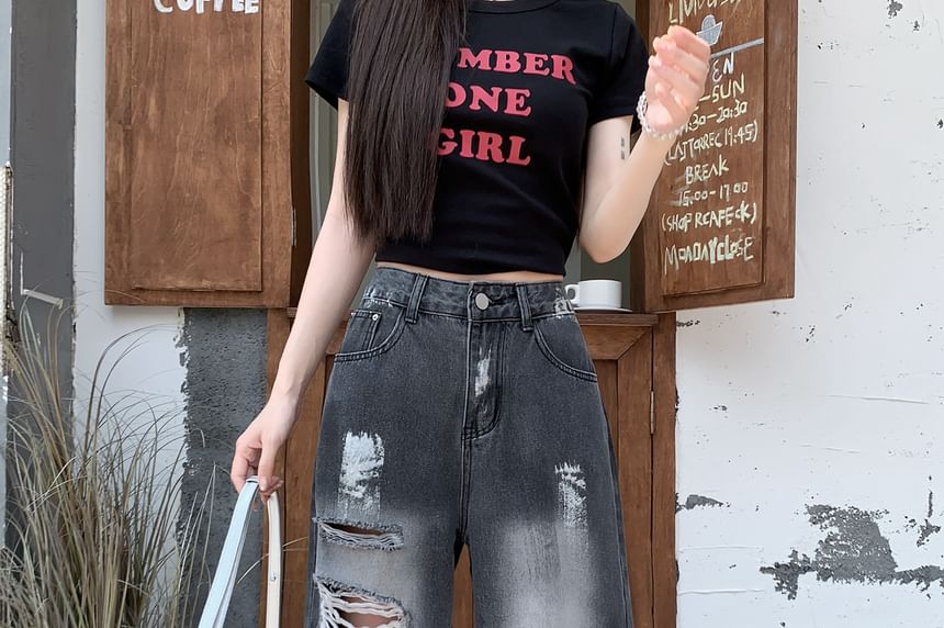 Washed High Waist Leg Wide Splash Print Jeans Distressed