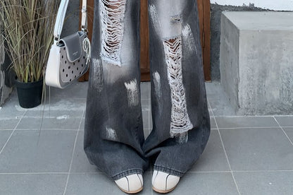 Washed High Waist Leg Wide Splash Print Jeans Distressed