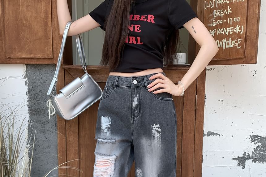 Washed High Waist Leg Wide Splash Print Jeans Distressed