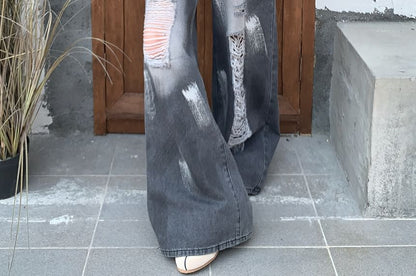 Washed High Waist Leg Wide Splash Print Jeans Distressed