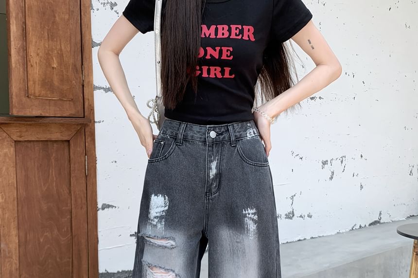 Washed High Waist Leg Wide Splash Print Jeans Distressed